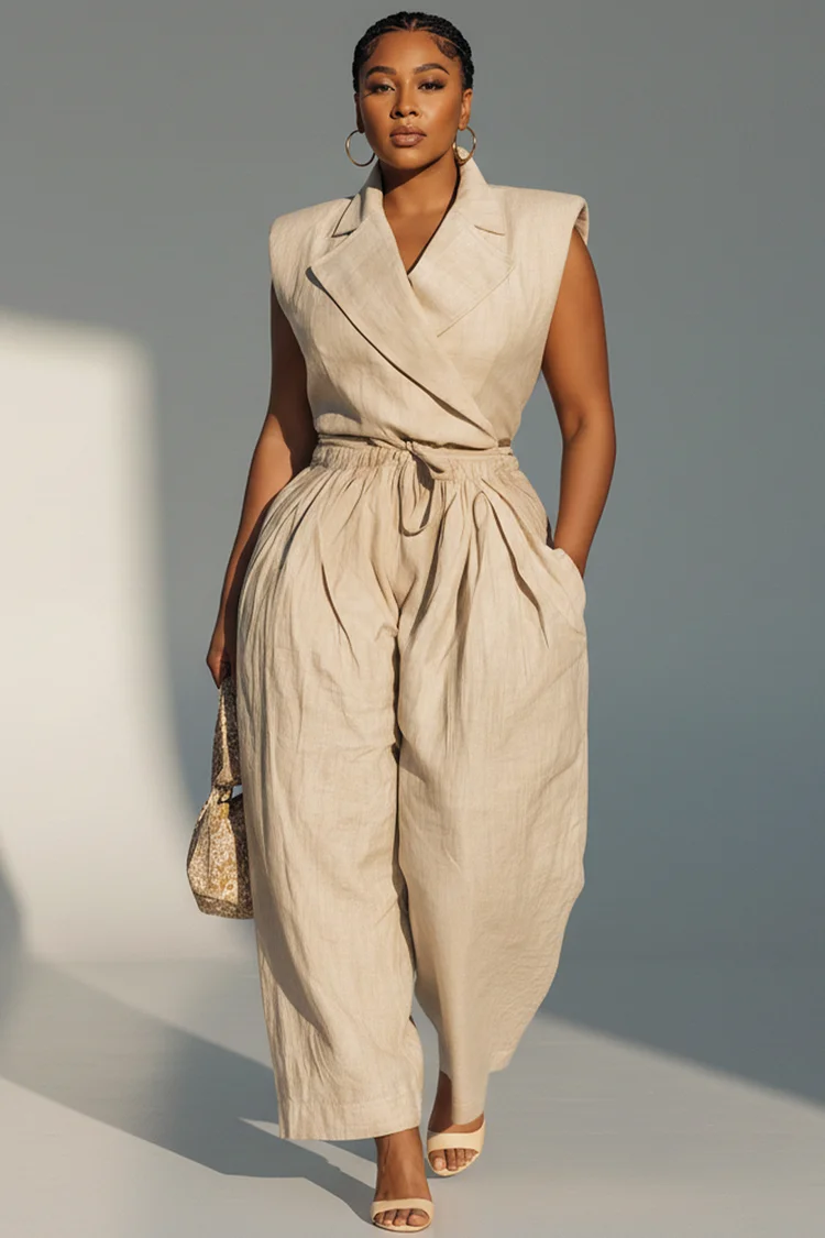Xpluswear Design Plus Size Business Casual Khaki Lapel Collar Waistcoat Pocket Pull-On Waist Linen Two Piece Pant Sets 2024 - Xpluswear