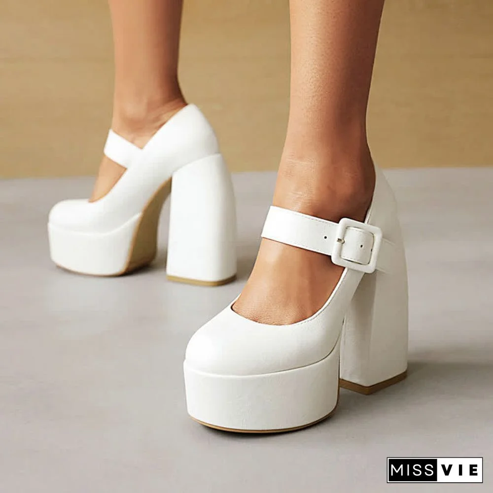 Pure Color Chunk High Heel Mary Janes Shoes