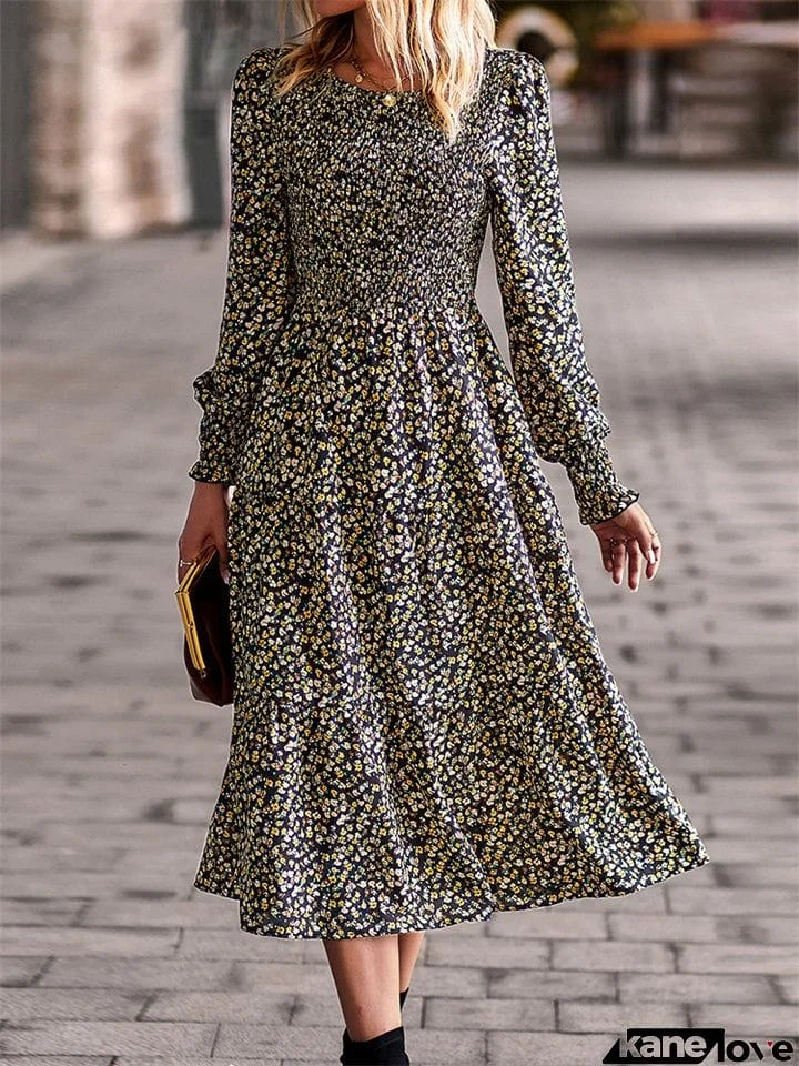 Women's Classy Floral Printed Long Sleeve Long Dresses