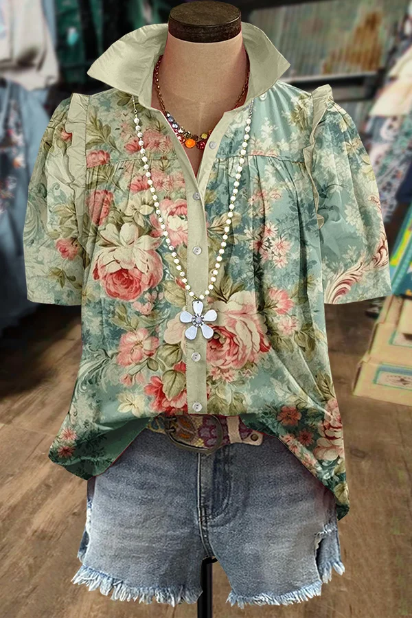 Retro Floral Print Collared Top
