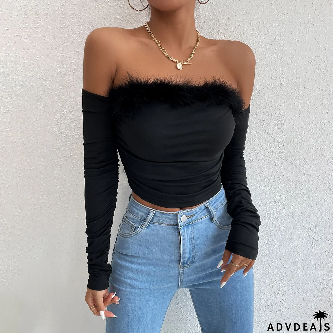 Women Summer Vintage faux fur Off Shoulder Backless Long Sleeve Top