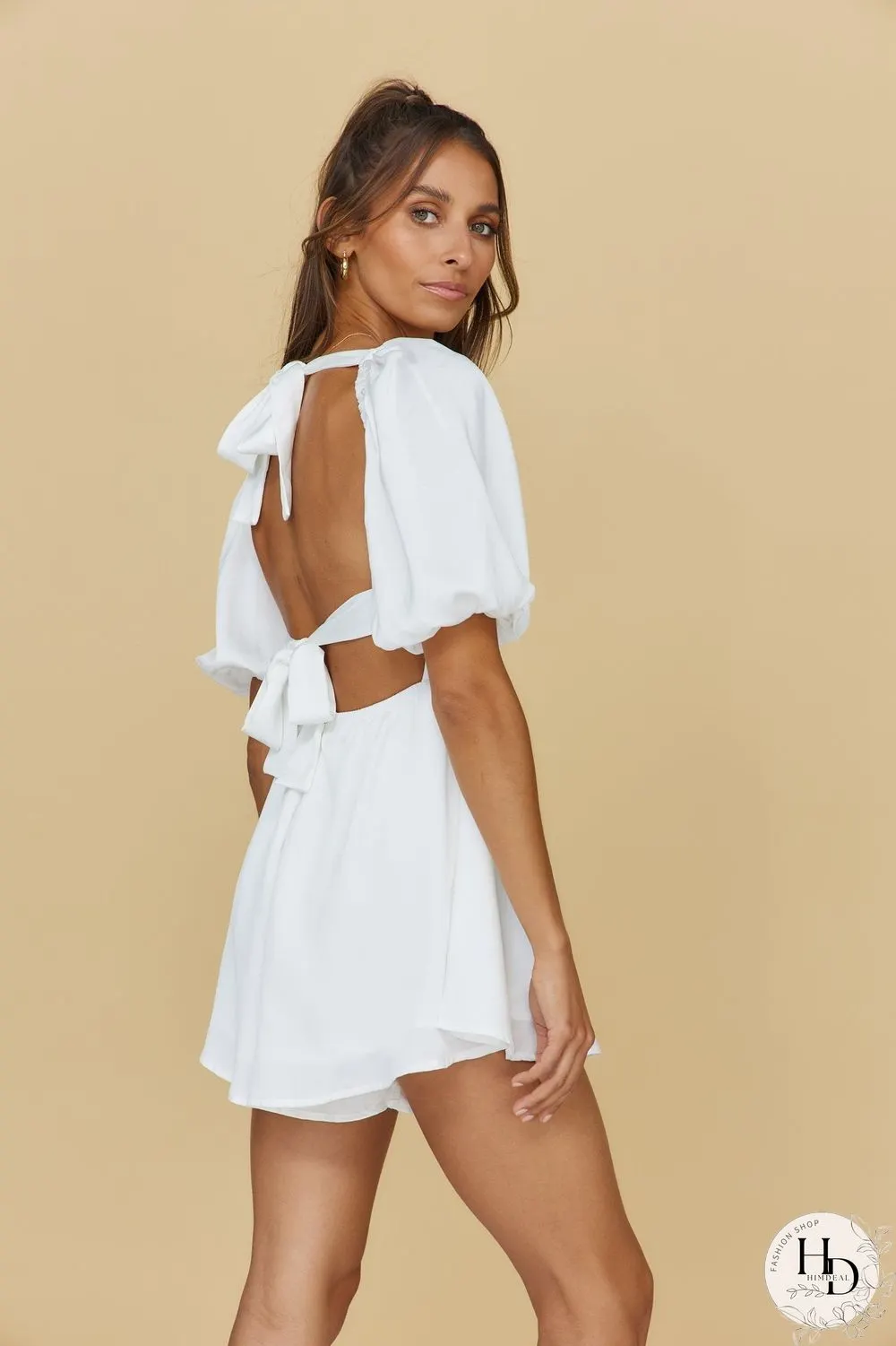 White Bowtie Open Back Romper