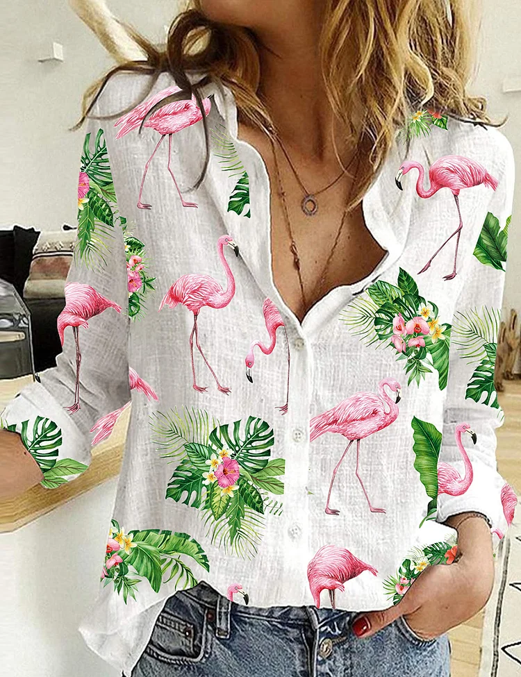 Flamingo Beach Flower Linen Shirt