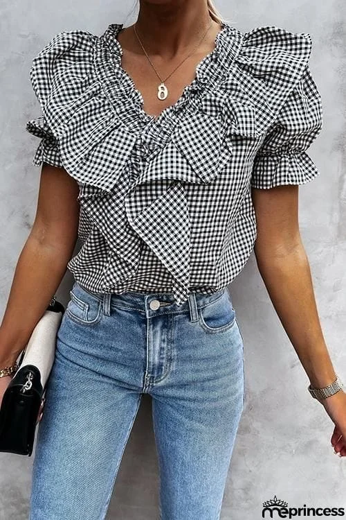 Plaid Ruffles V Neck Puff Sleeve Blouse