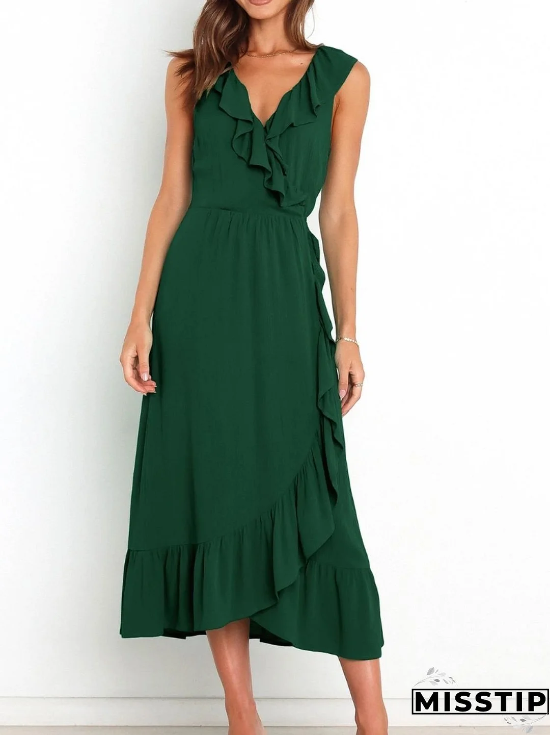 Ruffled Surplice Sleeveless Midi Dress