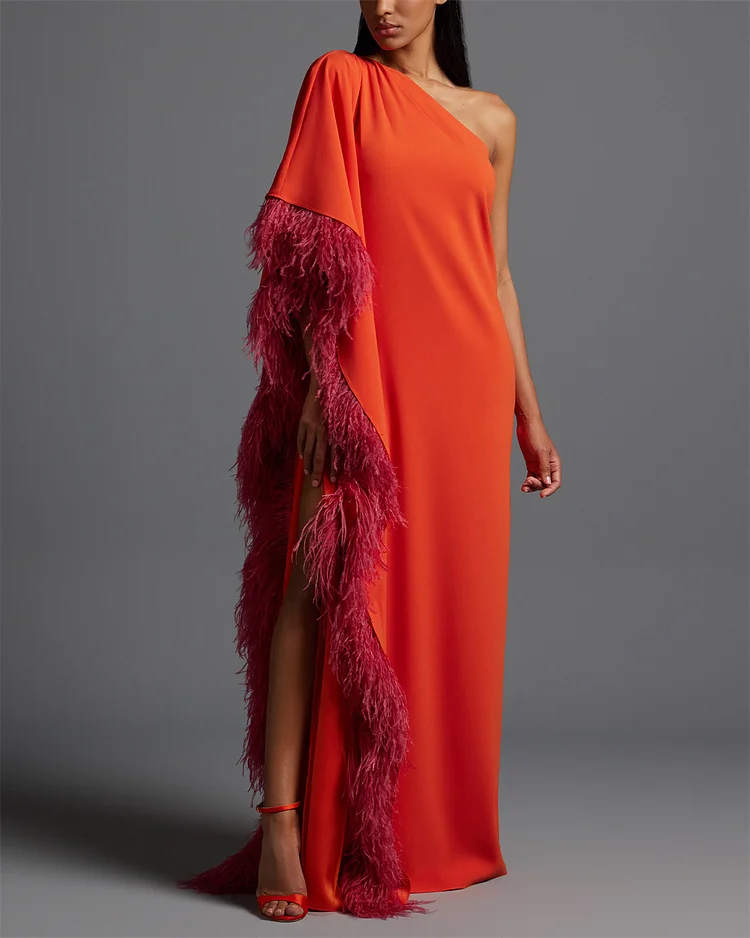 Women's Orange One Shoulder Sleeve Dress - 01