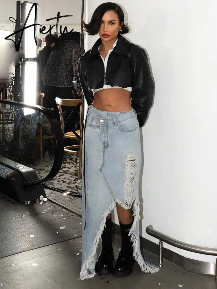 Irregular Ripped Denim Long Skirts y2k Chic Cutout Grunge 2000s Jeans Midi Skirts Women Casual Streetwear Fashion Korean Aiertu