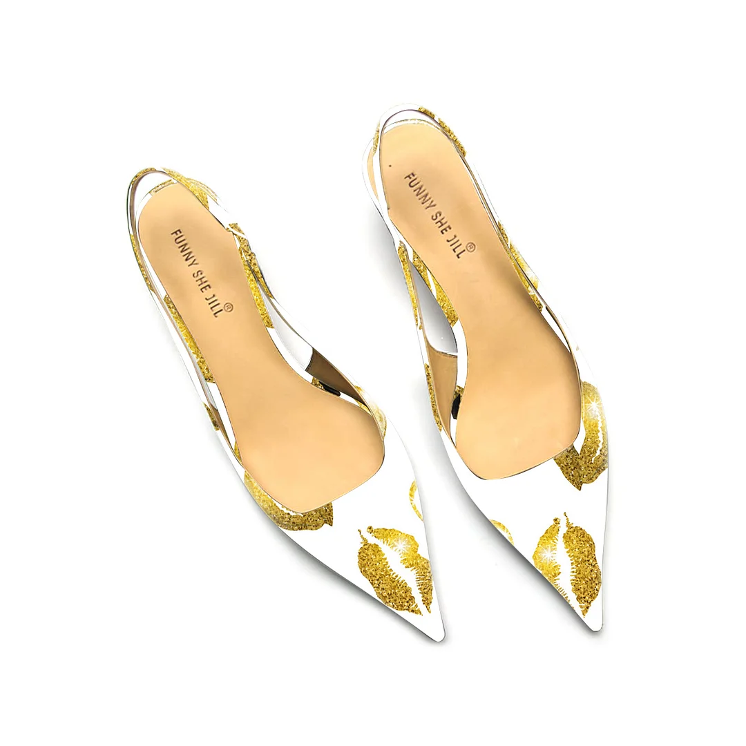 Women's Gold Lipstick Patent Leather Pointed Toe Elegant Kitten Heel 