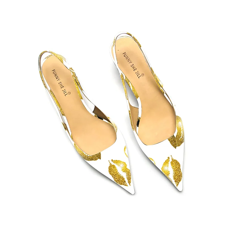Gold Elegant Pointed Toe Patent Leather Kitten Heels Vdcoo