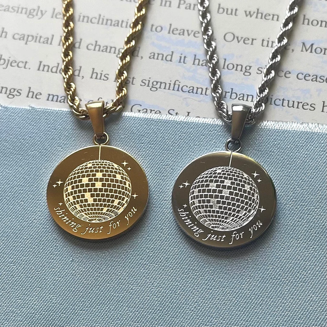 Vangogifts Shining Mirrorball Necklace "Shining Just For You"- Engraved Circle Chain Pendant Necklace Best for Fans
