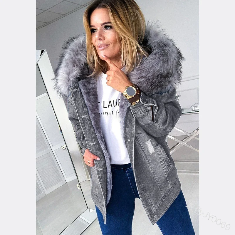 Brownm Brownm Hooded Big Hair Collar Denim Jacket Fashion Casual Warm Medium Long Hole To Do The Old Coat Tide