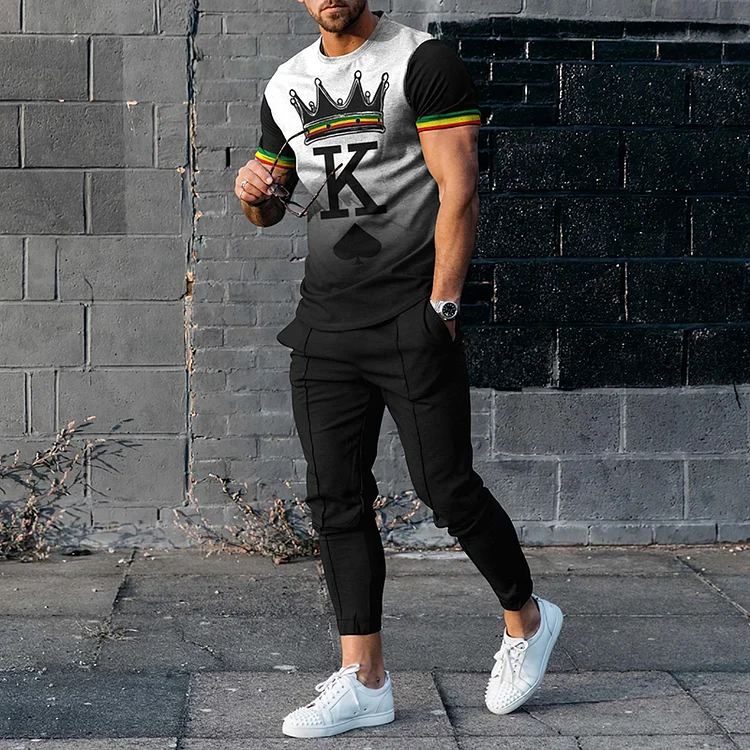 Utbros Fashion Gradient Reggae Crown K Print Short Sleeve T-Shirt And Pants Co-Ord