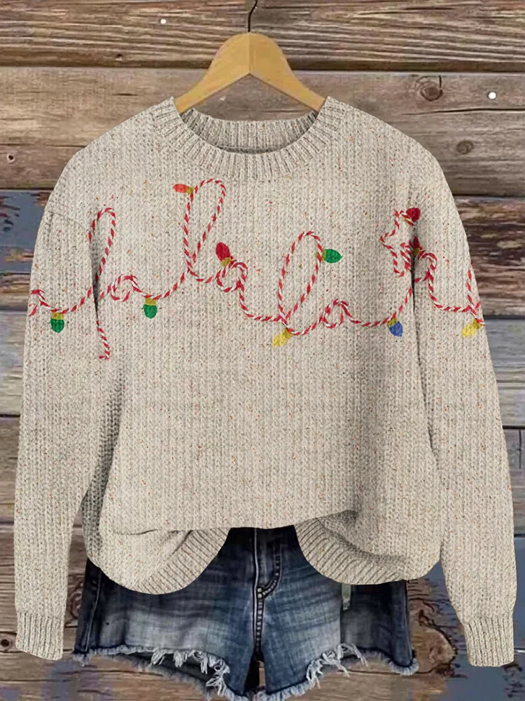 Christmas Lights Embroidered Art Knit Sweater