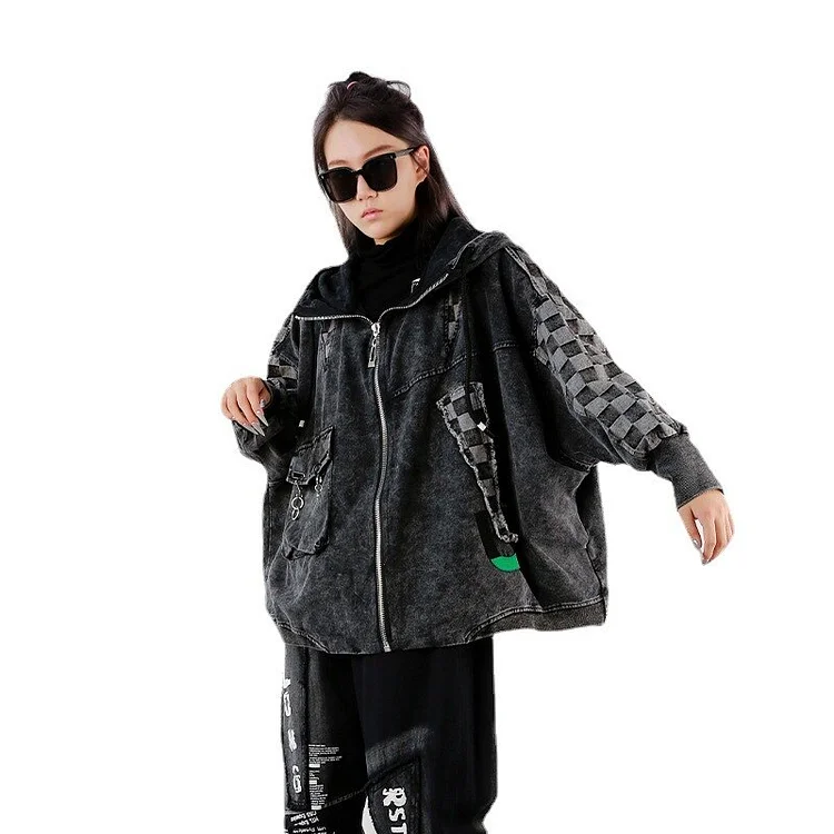 Street Loose Hooded Plaid Patchwork Graffiti Printed Back Long Sleeve Zip-up Washed Denim Jacket