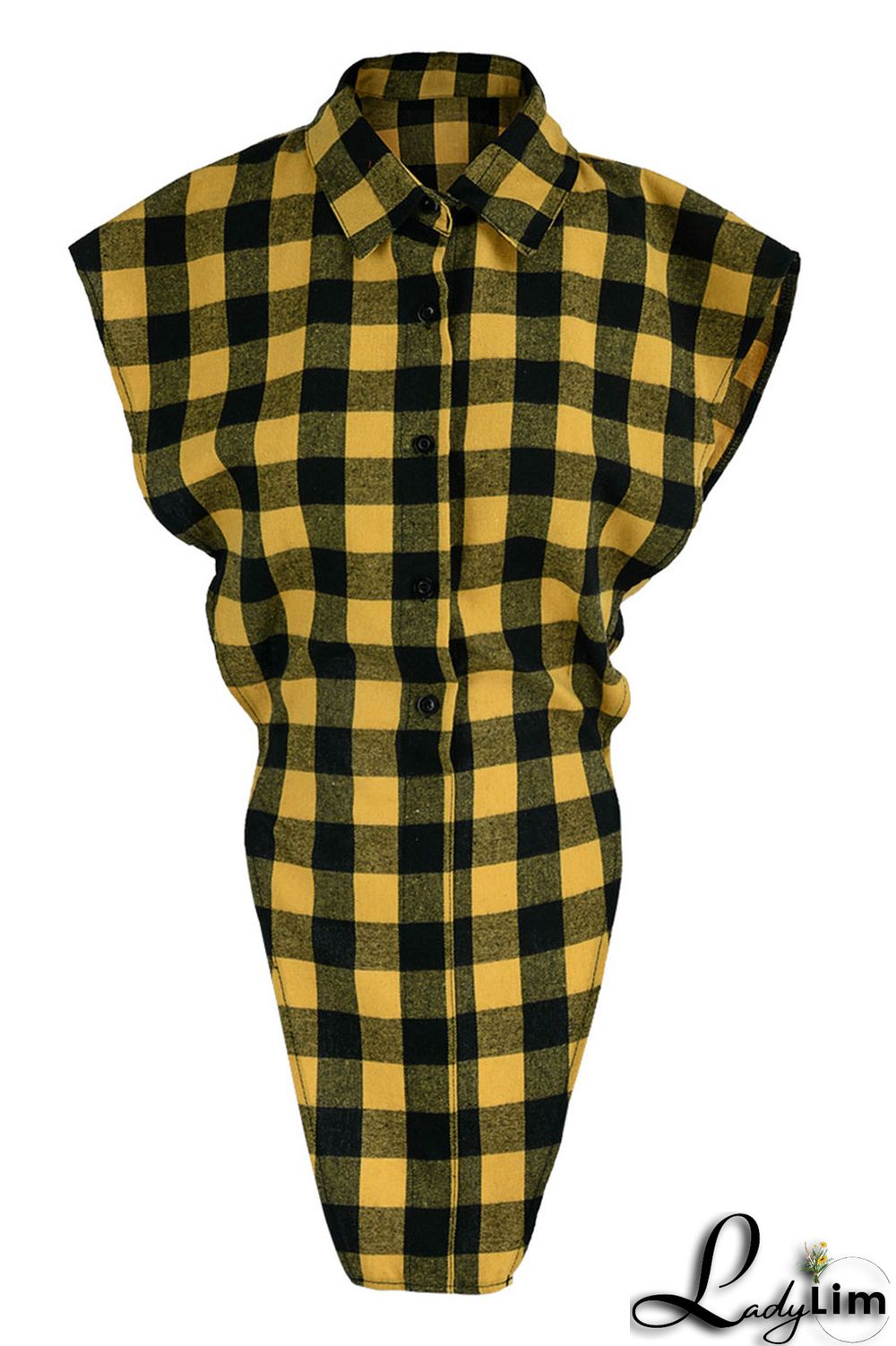 Yellow Casual Street Plaid Print Patchwork Buckle Asymmetrical Turndown Collar Tops