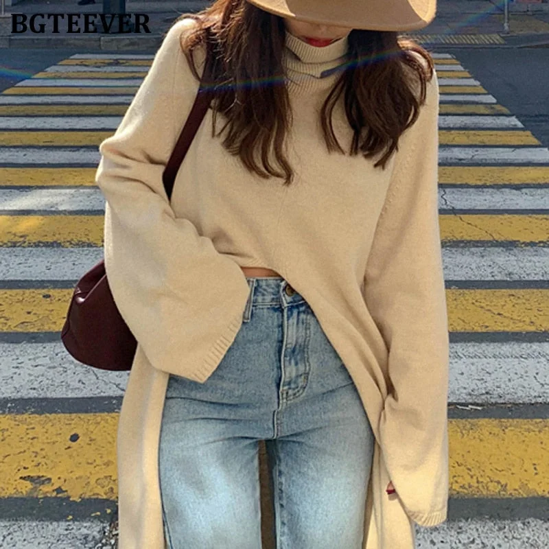 BGTEEVER Fashion Turtleneck Split Long Women Sweater 2020 Autumn Winter Knitting Tops Elegant Loose Female Knitted Pullovers