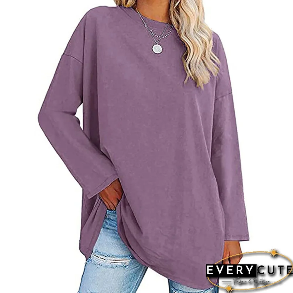 Purple Solid Drop-shoulder Crew Neck Long Sleeve Tops