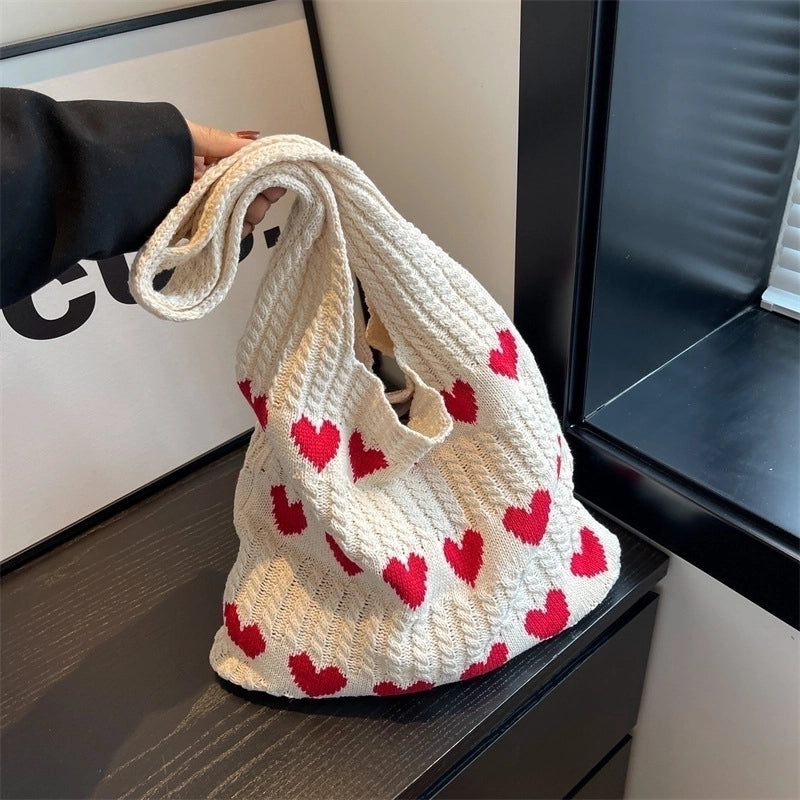 Women’s Medium Knit Heart Shape Basic Classic Style Bucket Open Shoulder Bag