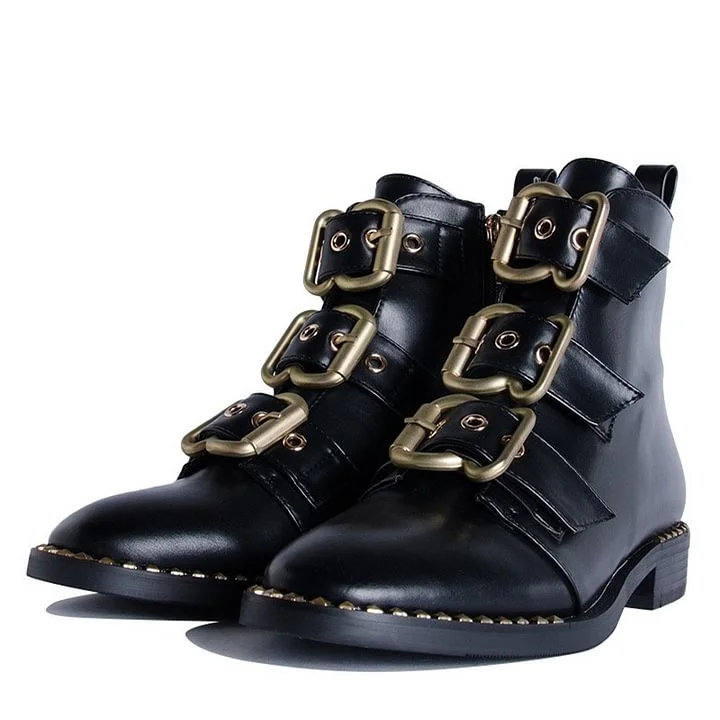 Chic Black Round Toe Grommet Buckle Strap Flat Ankle Boots with Studs
