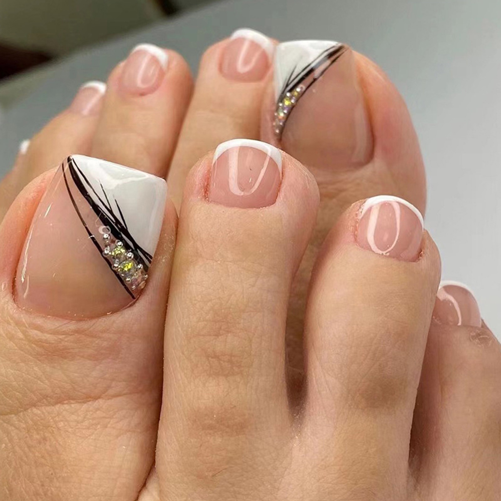 Appleke Summer Gel Nails – Simple Silver Glitter Rhinestone French Press-On Toenails  
