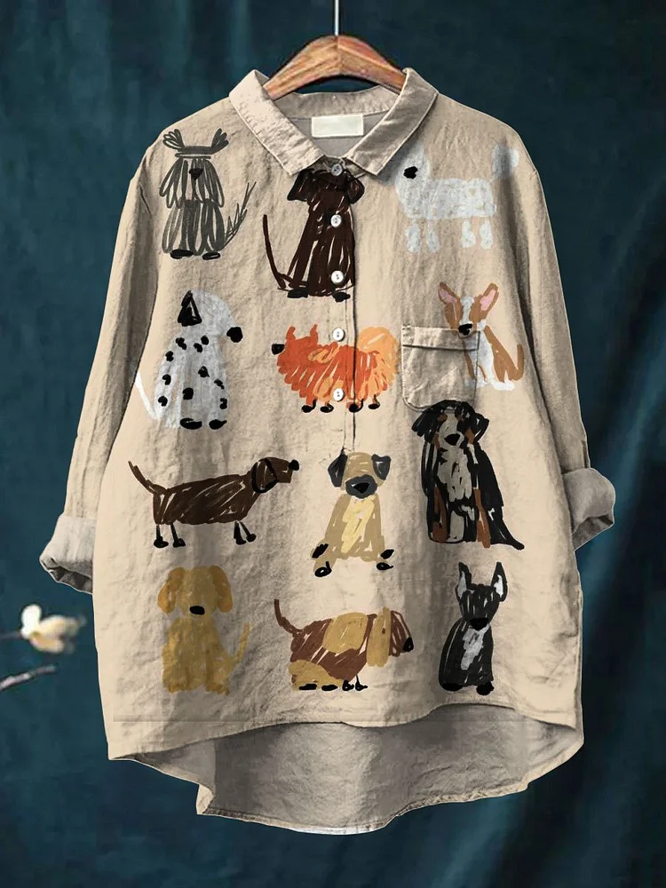 Women's  Dog Art Print Casual Cotton And Linen Shirt