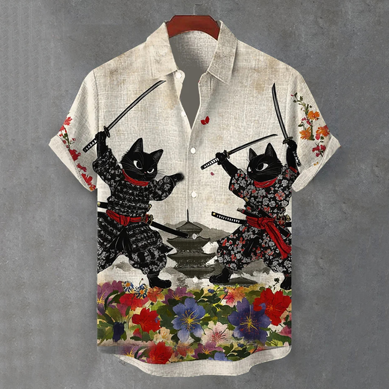 Men's Two Black Cat Samurai Swordsmen Fighting With Swords Art Casual Short Sleeve Shirts