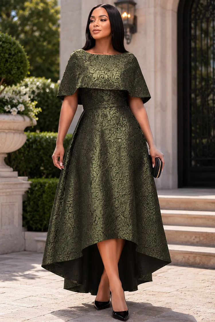 Xpluswear Design Plus Size Formal Green Round Neck Cape Sleeve Short Sleeve High Low Hem Pocket Jacquard Midi Dresses [Pre-Order] 2024 - Xpluswear