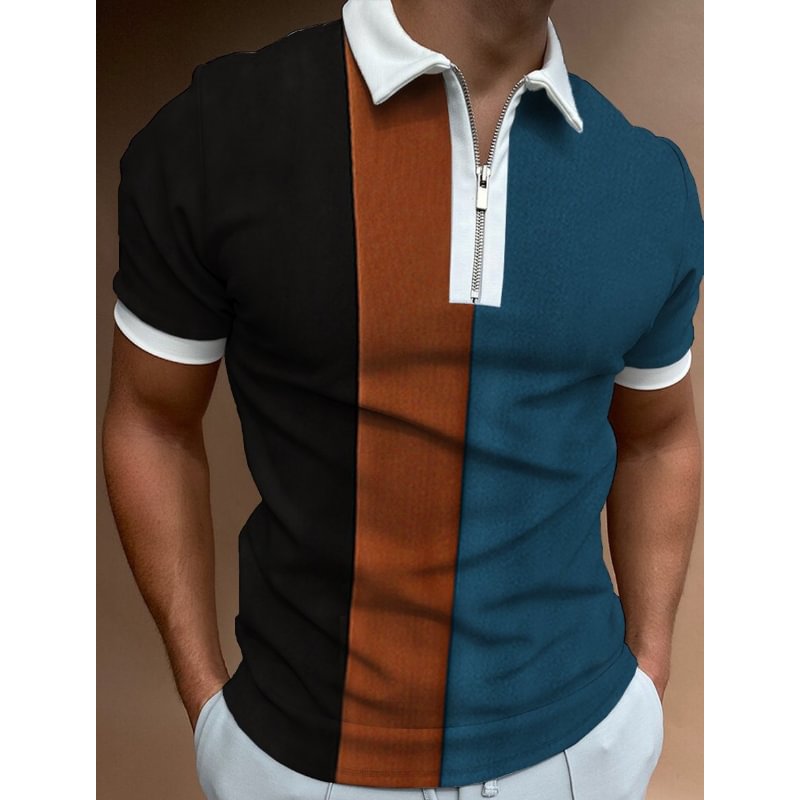 Men's Casual Style Summer Daily Stitching Zipper Design Polo Collar Short-sleeved T-shirt-Compassnice®