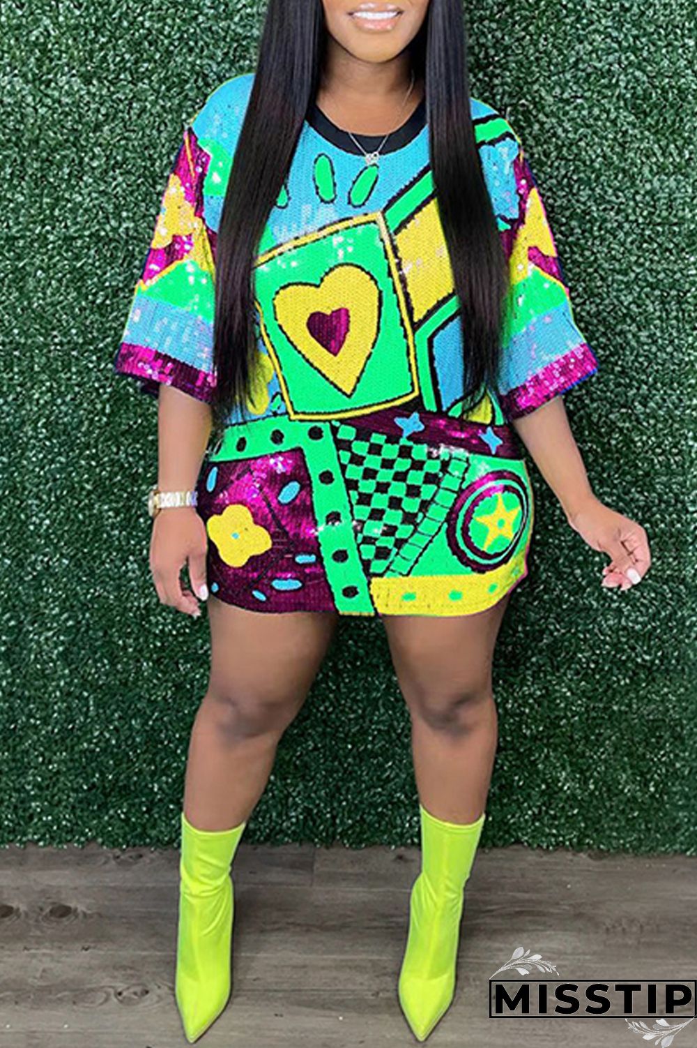 Rose Red Fashion Casual Patchwork Sequins O Neck A Line Dresses