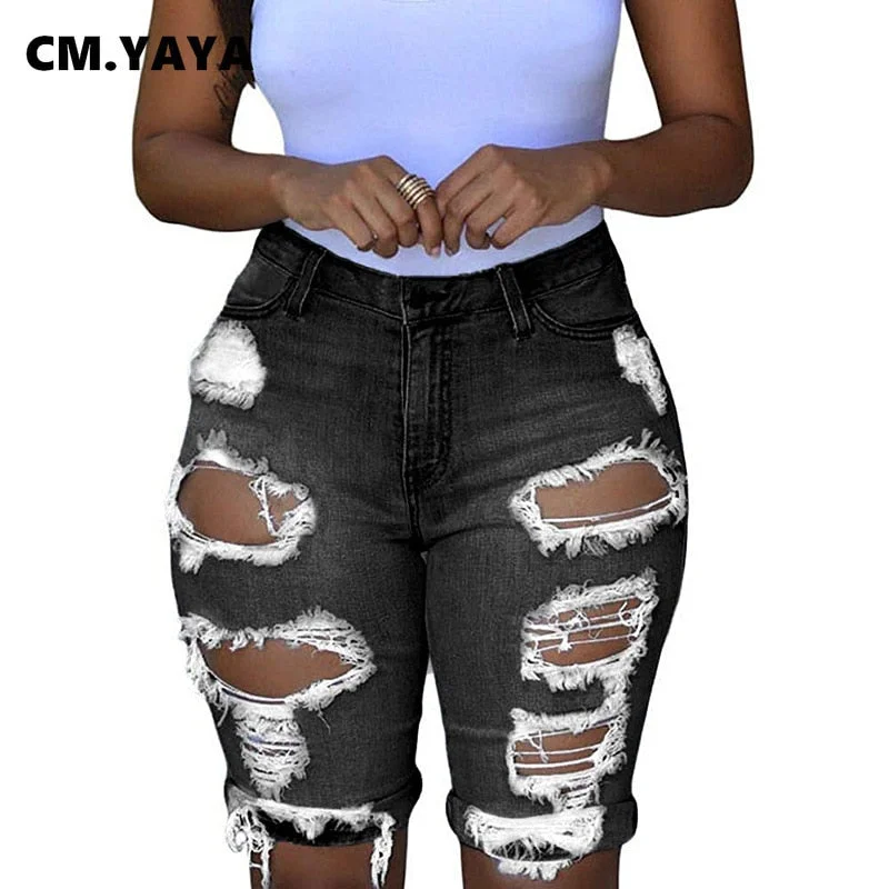 Women New Winter Hole Ripped High Waist Casual Zipper Fly Knee Length Jeans High Streetwear Denim Shorts Fashion Pants