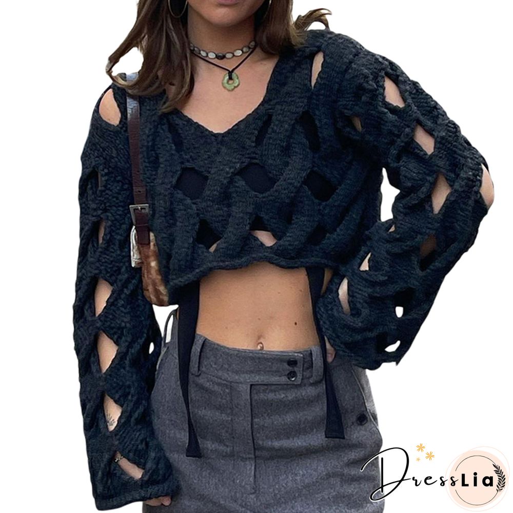 Hollow Out Sweater Y2k Aesthetic Women Long Sleeve Tops Grunge Aesthetic Clothes E Girl Pullovers Basic Clothing