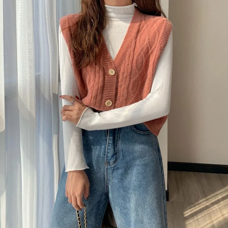 Women Sweater Vest Fresh Lovely Students Hong Kong Style Retro Outwear Gentle Ulzzang V-neck Single Breasted Leisure Fashion Ins