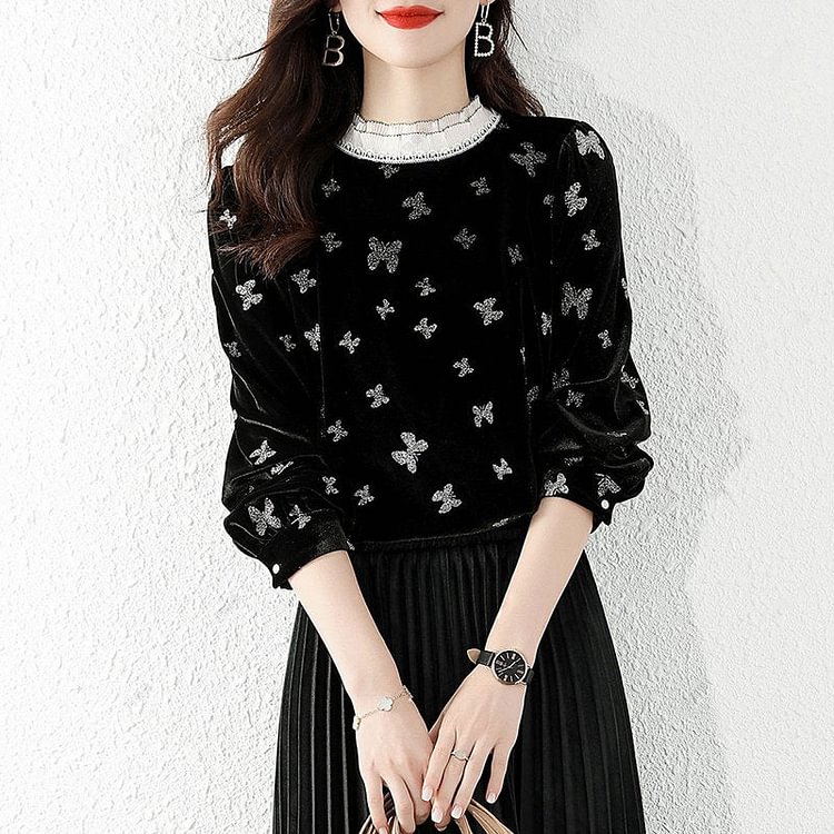 Black Long Sleeve Shift Animal Shirts & Tops QueenFunky