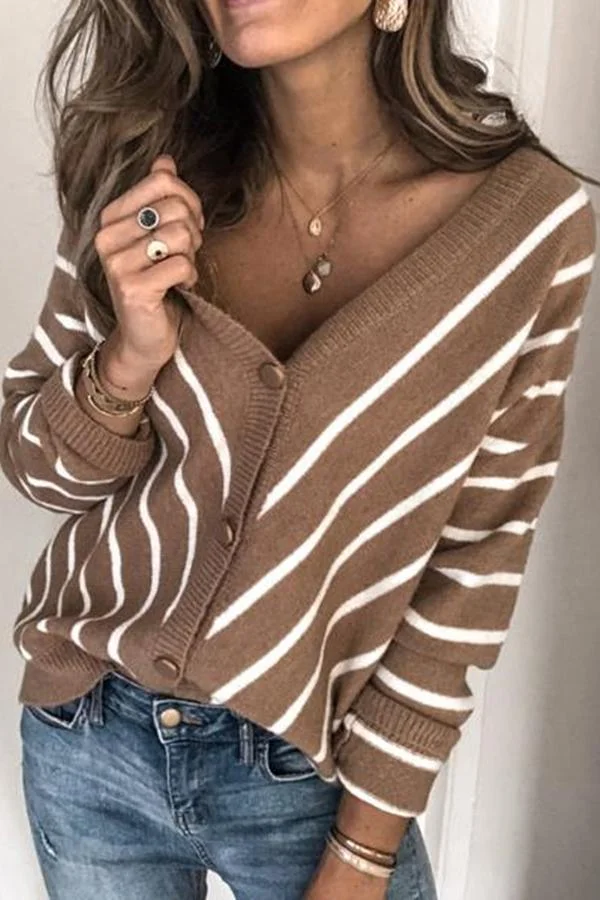 Womens Boho Stripy V Neck Cardigan-Allyzone-Allyzone