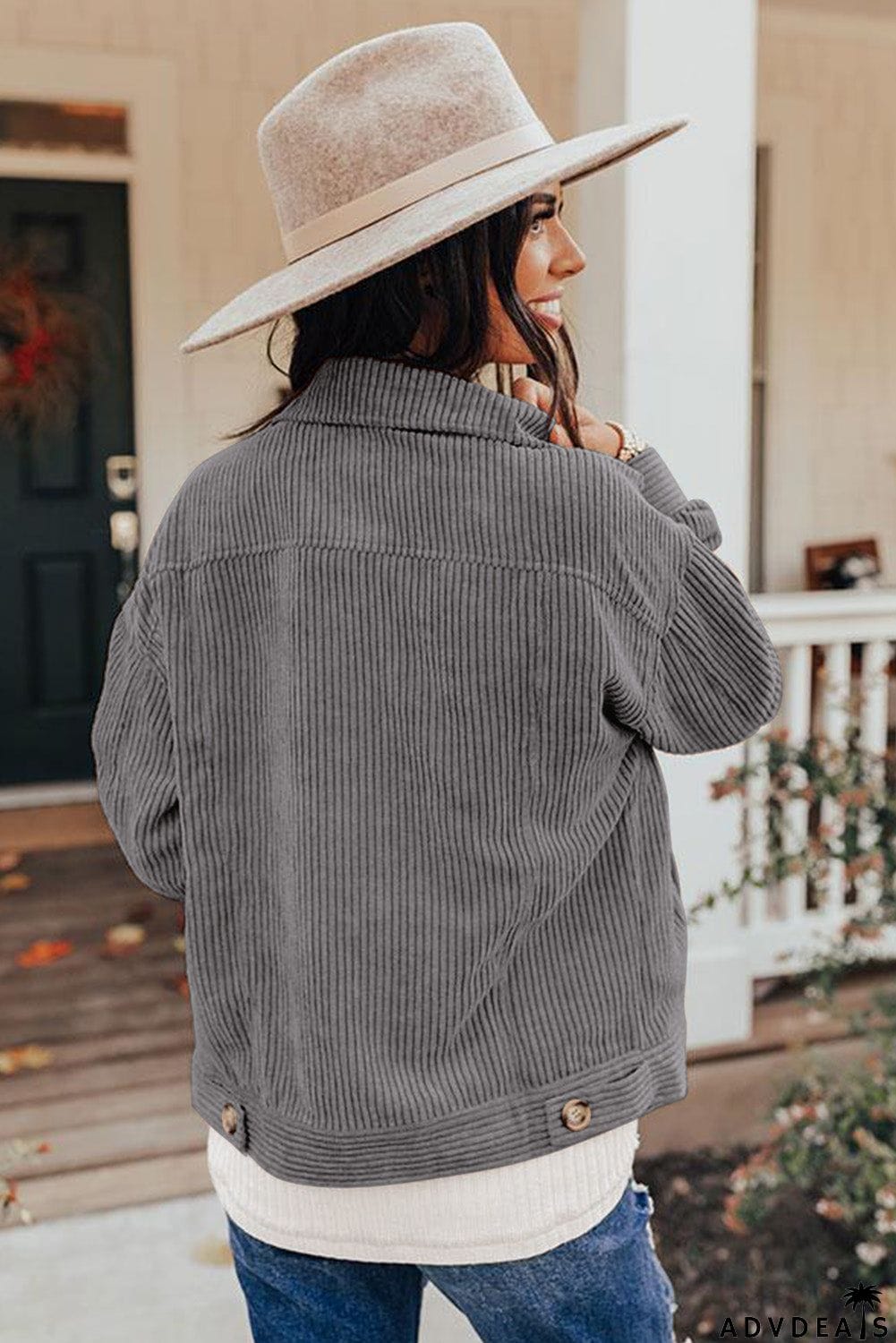 Ribbed Corduroy Long Sleeve Jacket with Pocket