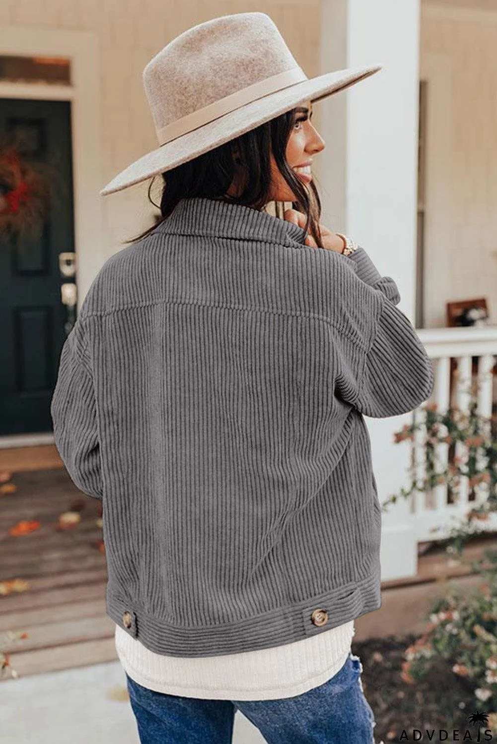 Ribbed Corduroy Long Sleeve Jacket with Pocket
