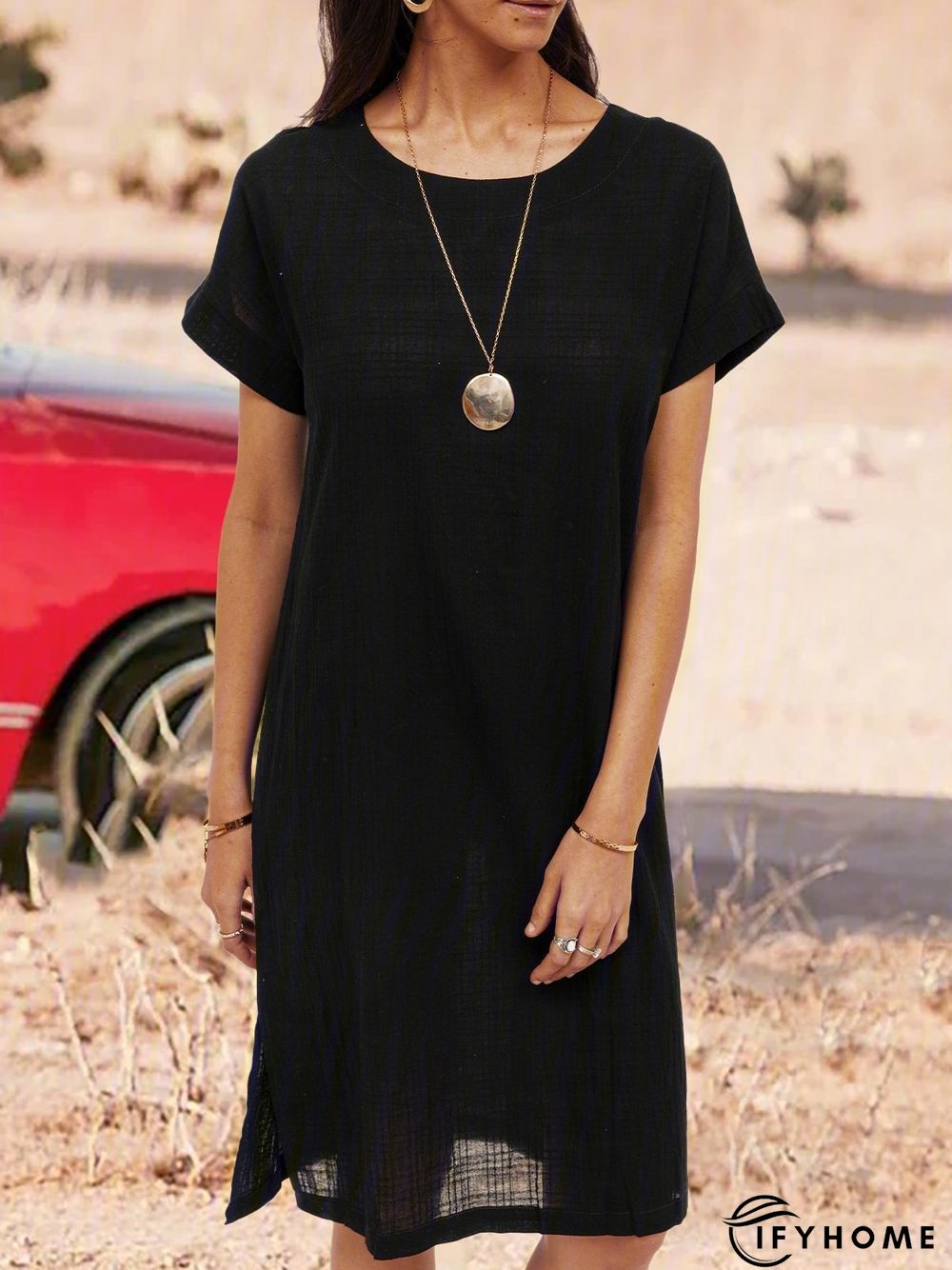 Soft Short Sleeve Cotton-Blend Casual Round Neck Knitting Dress | IFYHOME