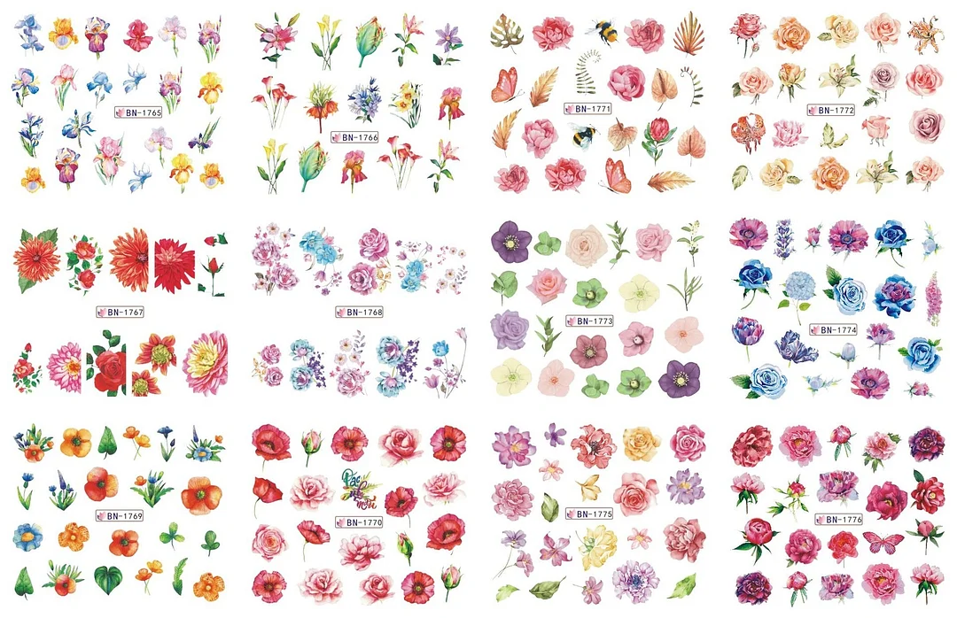 Nail Stickers Water Transfer Flowers Leafs Designs 12Pcs/Set Nail Decal Decoration Tips For Beauty Salons-Nail Inspo