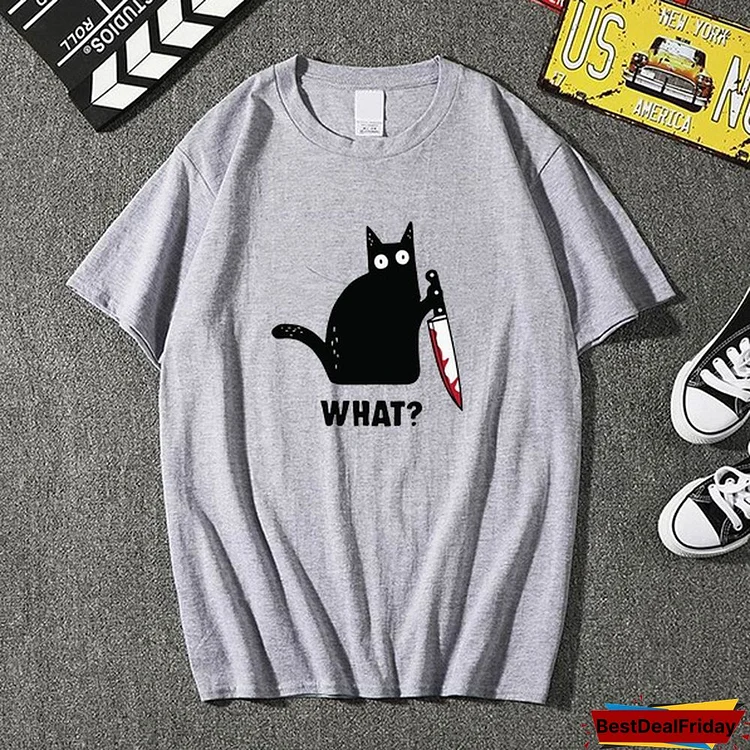 New Cat What T Shirt Harajuku Style Funny Cat with Knife Funny Unisex T Shirt Halloween Gift Shirt for Women
