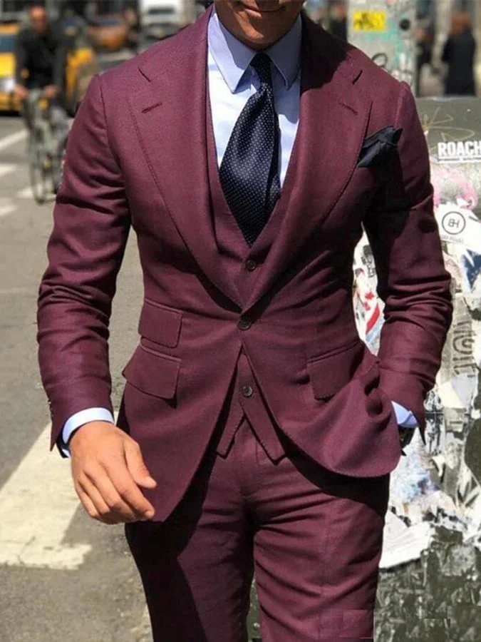 Men's Business Single-Breasted Solid Color Three-Piece Suit 