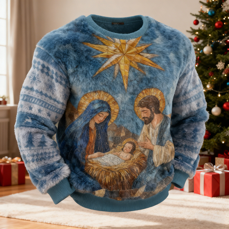 Men's Christmas Nativity Pattern Crew Neck Flannel Sweatshirt elevenforest