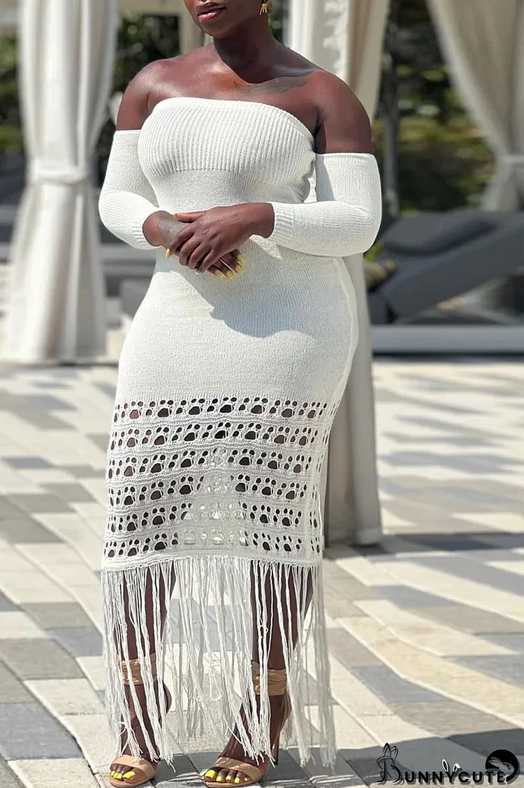 Cream White Sexy Casual Solid Tassel Hollowed Out Backless Off the Shoulder Long Dress Dresses