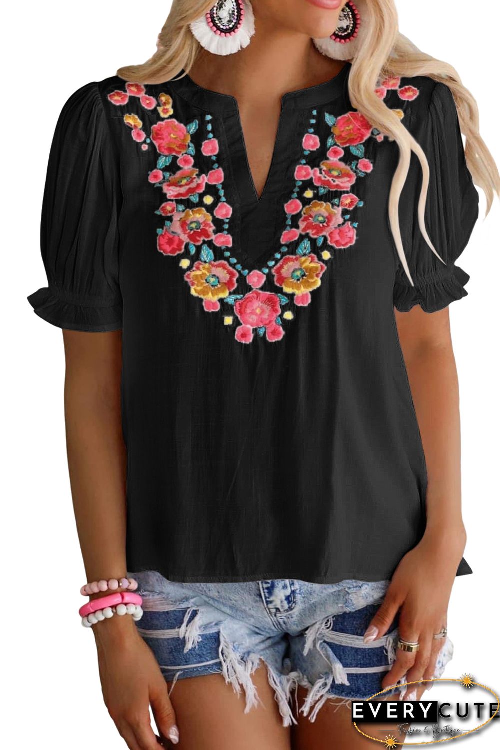 Black Floral Embroidered Ruffled Puff Sleeve Blouse