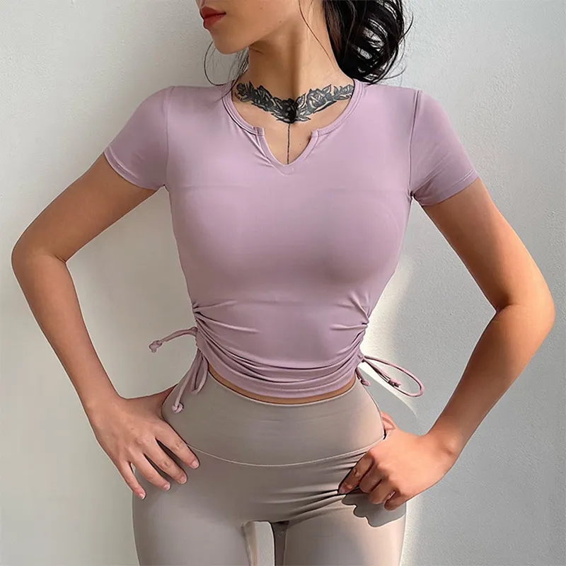 Pure Color Lace Up Slim Sports T-Shirt