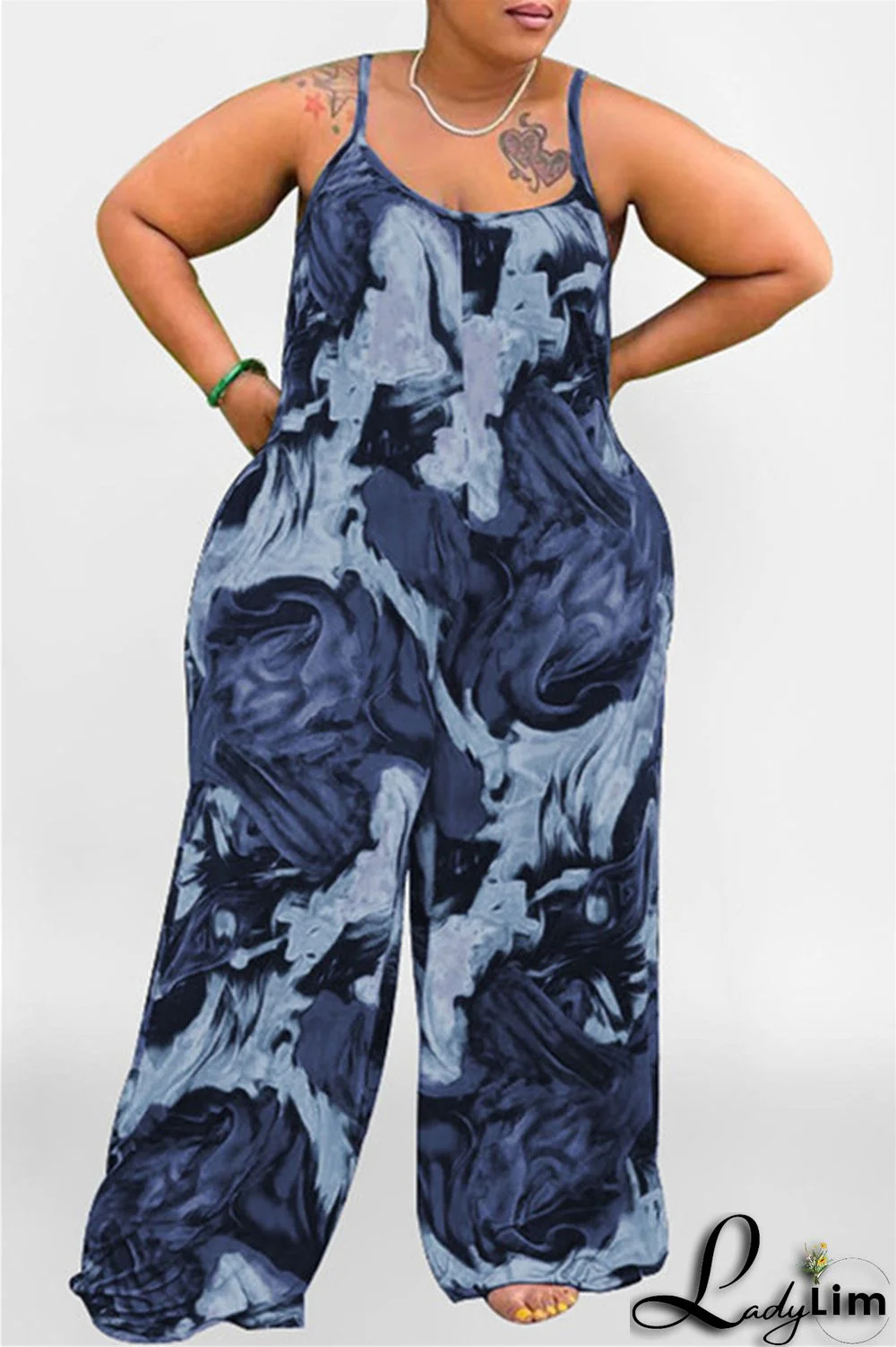 Coffee Sexy Casual Print Backless Spaghetti Strap Plus Size Jumpsuits