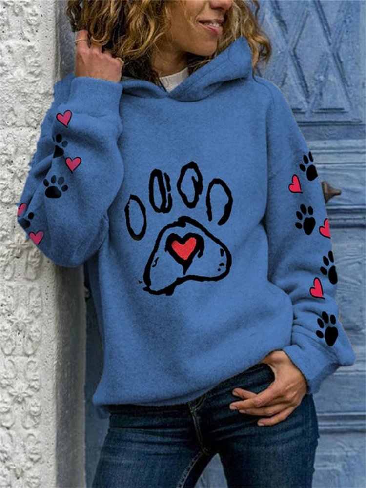 Comstylish Puppy Footprint Heart Print Casual Loose Hoodie