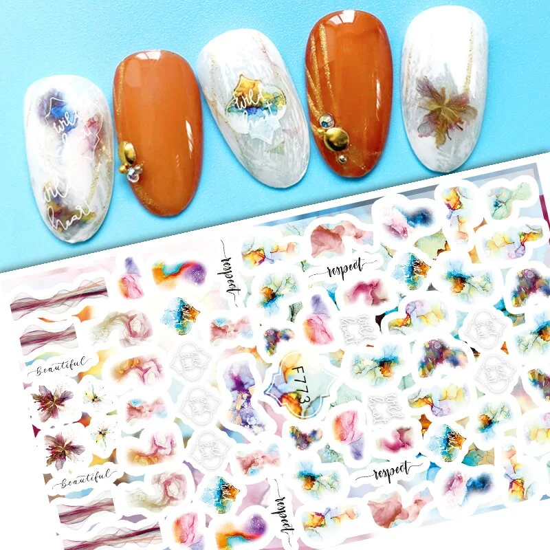 Geometric Lines Flower Leaf 3D Nail Stickers Blue Gold Cool Fall Leaves Spring Transfer Slider Nail Art Decoration Manicures-Nail Inspo