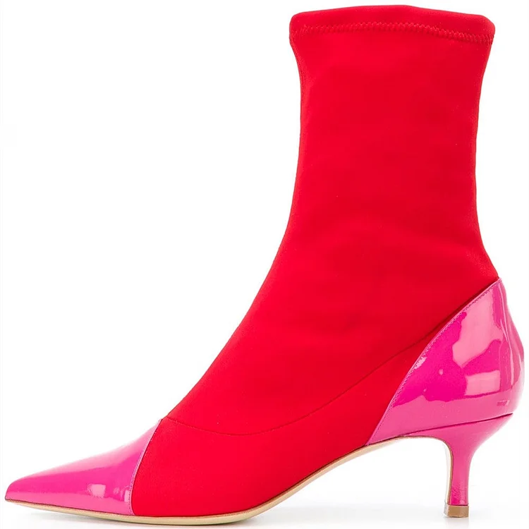 Hot Pink & Red Fall Booties Pointed Toe Kitten Heel Sock Boots |FSJ Shoes