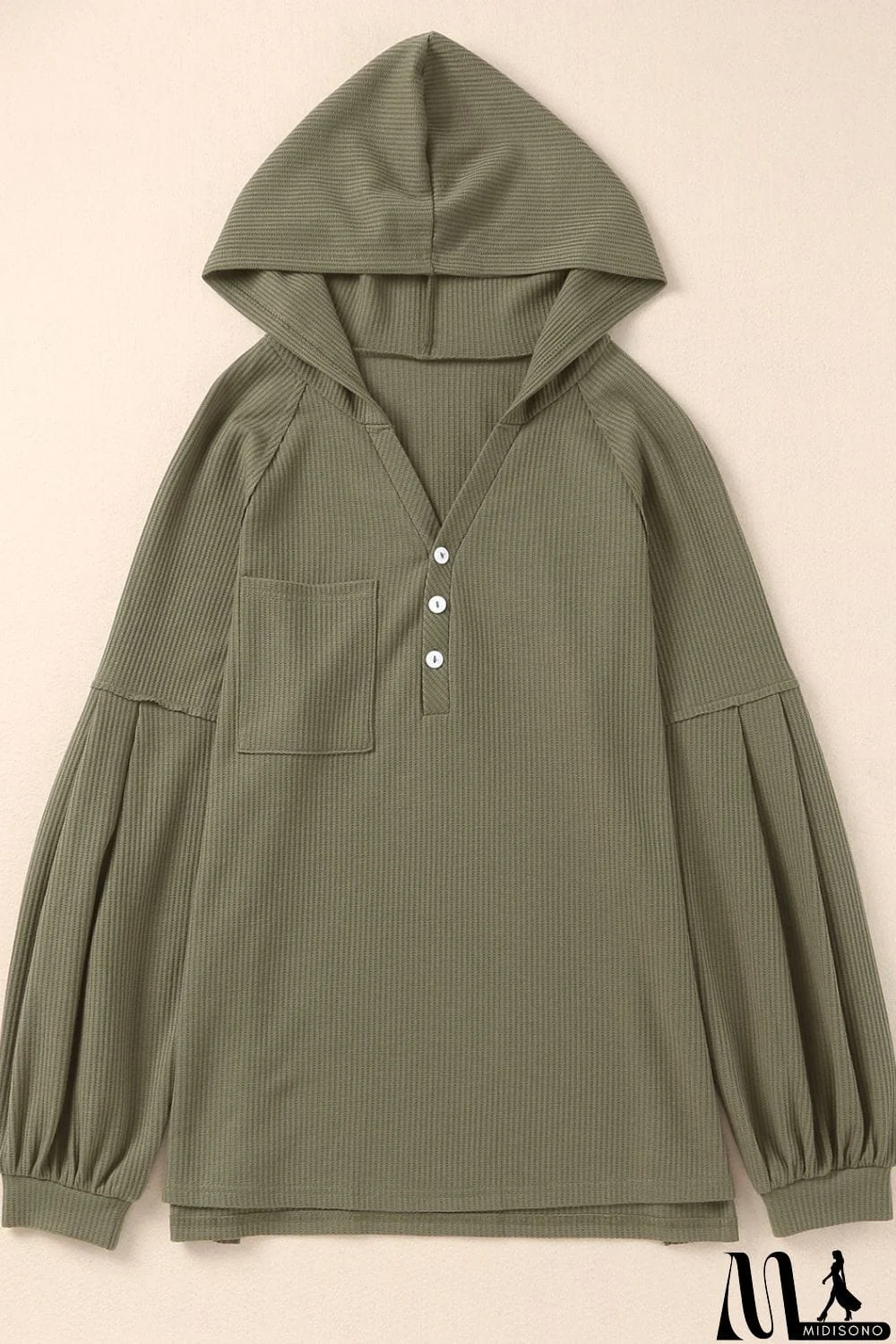 MidiSono - Puff Sleeve Side Slit Buttoned Waffle Knit Hoodie