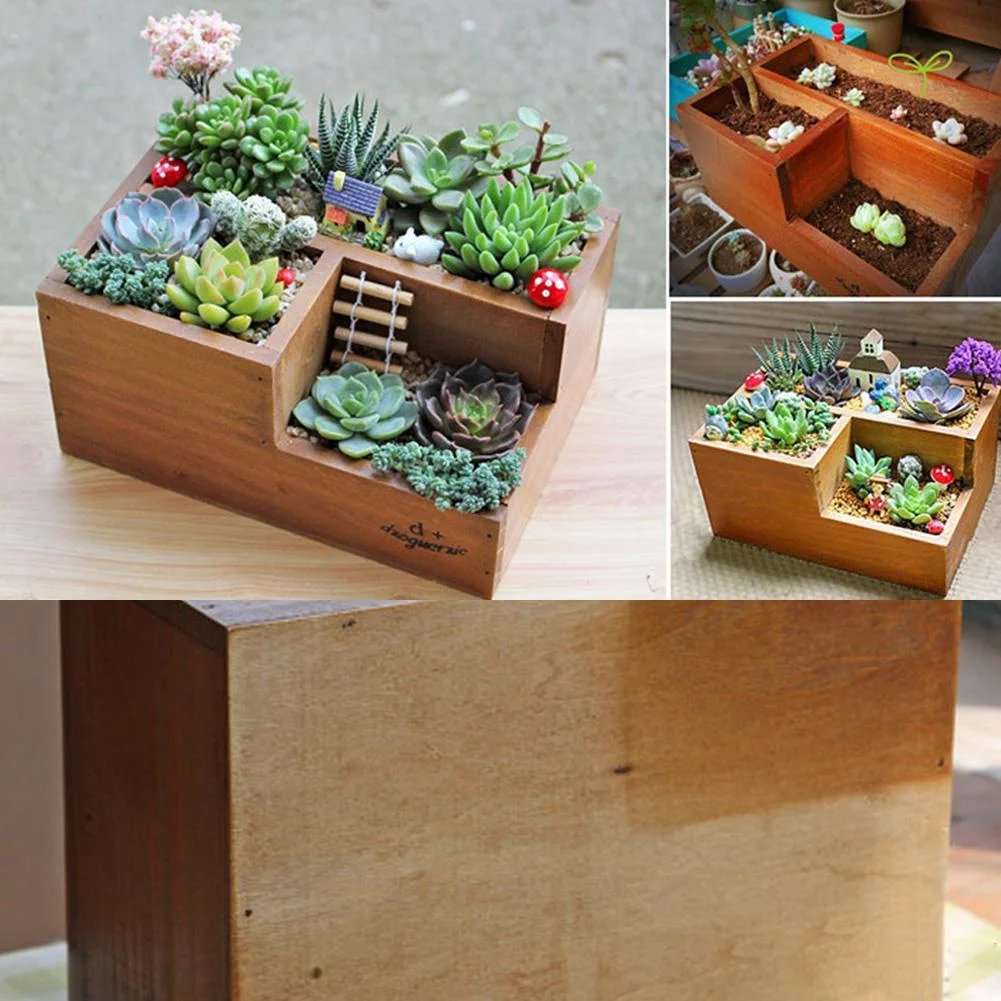 Wooden Flower Garden Succulent Plant Pot Retro Storage Box Office Decor (3